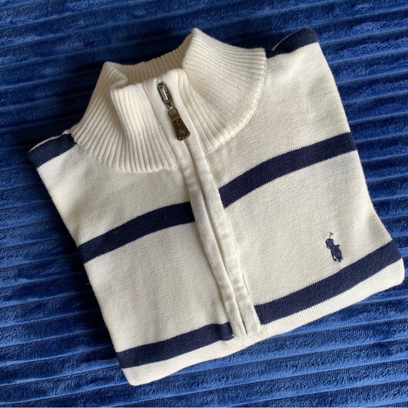 Polo by Ralph Lauren Navy and White Striped Zip-Up Sweater - Picture 7 of 11